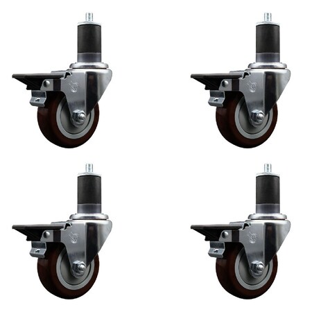 Service Caster 3.5'' Maroon Poly Swivel 1-5/8'' Expanding Stem Caster Set with Brake, 4PK SCC-EX20S3514-PPUB-MRN-PLB-158-4